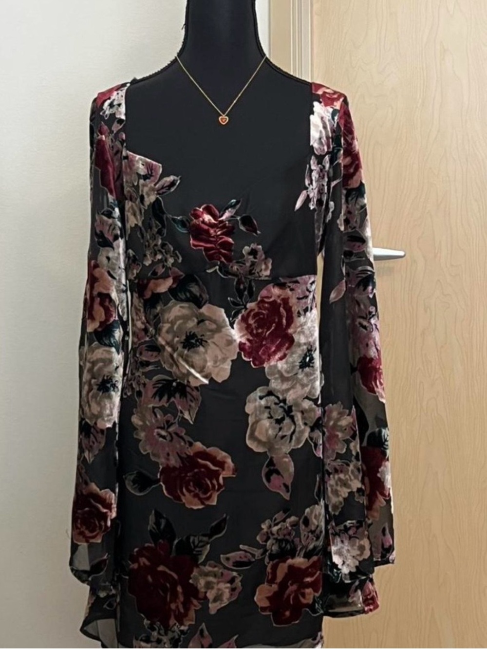 Floral Velvet Burnout Long-Sleeve Dress - Black with Burgundy & Cream Blooms